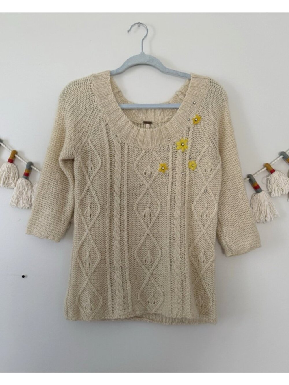 Vintage Free People Cable Knit Wool Blend Rhinestone Embroidered Floral Sweater